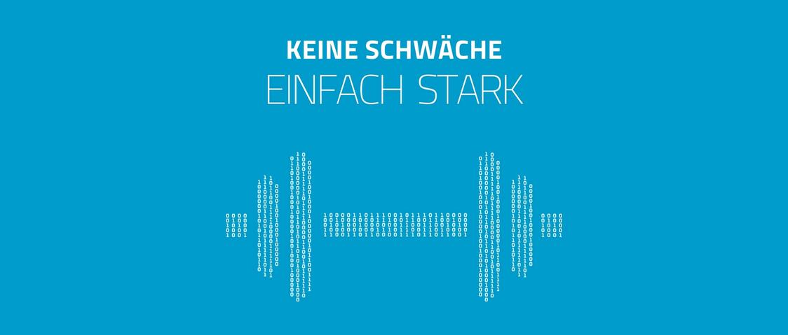 Kennzeichnen mit RFID auf Metall visualisiert durch Binärcode in Hantel-Form und Slogan 'Keine Schwäche – Einfach stark'