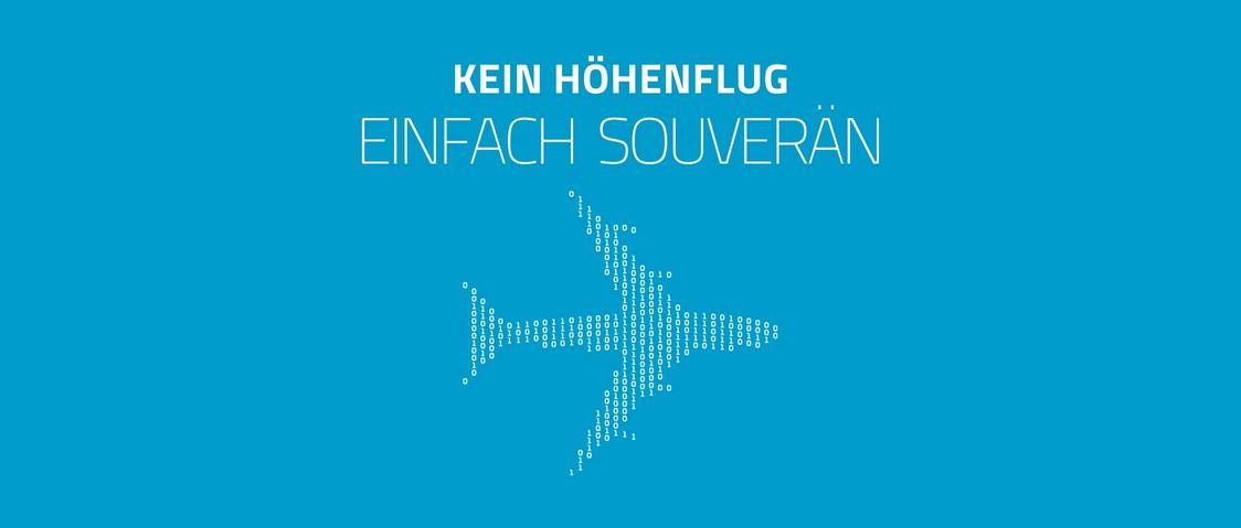 Sichere weltweite Kennzeichnung visualisiert durch Binärcode-Flugzeug und Slogan 'Kein Höhenflug - einfach souverän'